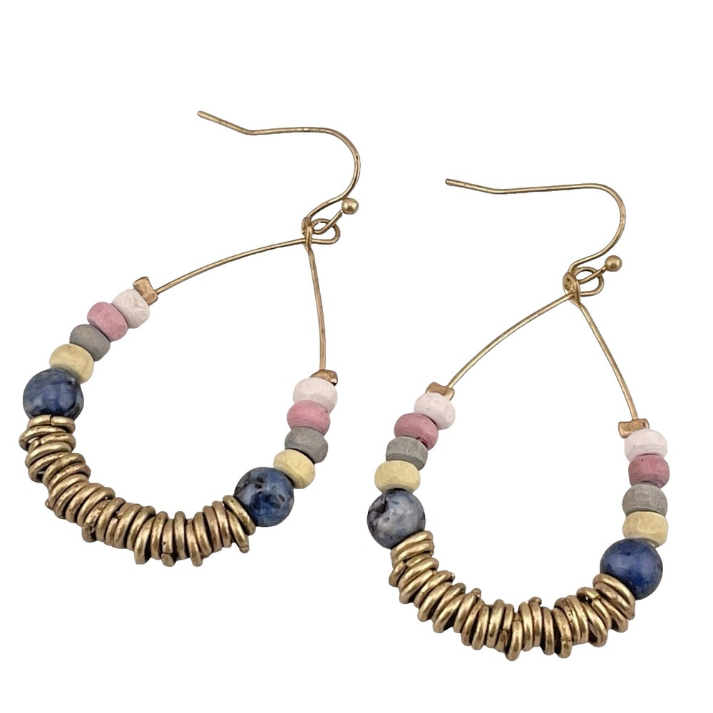 Handmade Boho Beaded Gold Tone Wire‎ Wrapped Teardrop Hoop Earrings Artsy Hippie